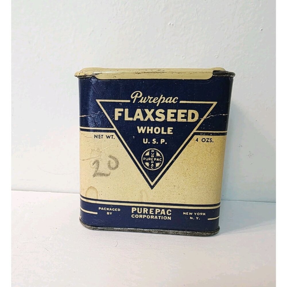 Antique Purepac Flaxseed Tea Whole U.S.P Blue Cream Tin Decor USA 4oz